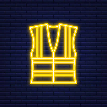 Safety jacket security. Yellow work uniform with reflective stripes. Neon icon. Vector stock illustration.のイラスト素材