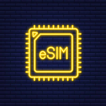 eSIM Embedded SIM card icon symbol concept. new chip mobile cellular communication technology. Neon icon. Vector stock illustration.のイラスト素材