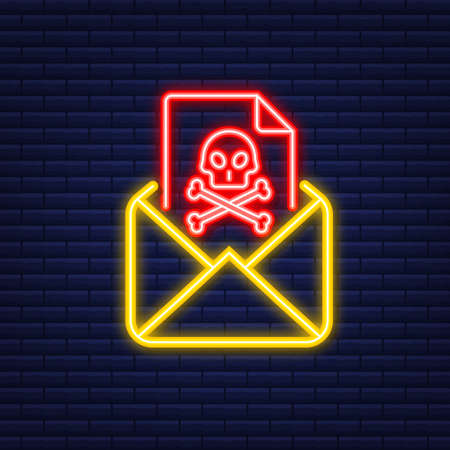 Email virus. Neon icon. Computer screen. virus, piracy, hacking and security, protection. Vector stock illustration.のイラスト素材