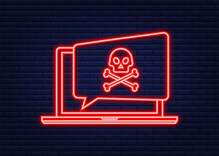 Cyber attack. Data Phishing, laptop, internet security. Virus alert. Neon icon. Vector stock illustration.のイラスト素材