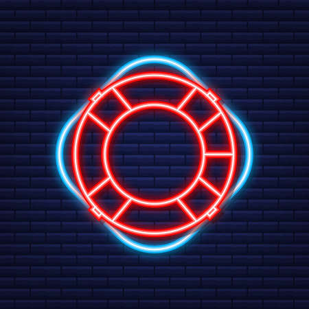 Lifebuoy icon, equipment of rescuers to save drowning people. Neon icon. Vector illustration.のイラスト素材