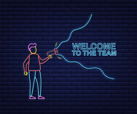 Man Holding Megaphone with Welcome to the team. Megaphone banner. Web design. Neon icon. Vector stock illustration.のイラスト素材