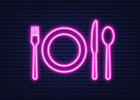 Spoon fork knife icon, restaurant symbol. Neon icon. Vector illustration.のイラスト素材