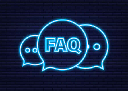 Frequently asked questions FAQ banner. Neon icon. Computer with question icons. Vector illustration.のイラスト素材