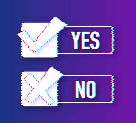 Yes No word text on talk shape. Vector stock illustration yes no in speech bubble in glitch style. Vector stock illustration.のイラスト素材