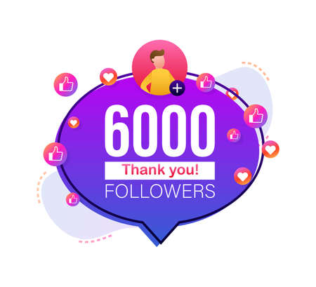 Thank you 6000 followers numbers. Flat style banner. Congratulating multicolored thanks image for net friends likes. Vector illustration.のイラスト素材
