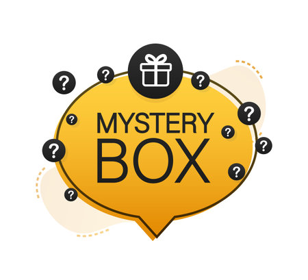 Mystery box banner. Packaging for concept design. Surprise present. Package design. Help symbol. Question mark icon. Vector stock illustration.のイラスト素材