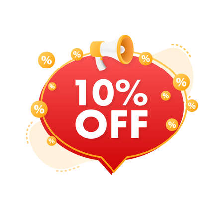 10 percent OFF Sale Discount Banner with megaphone. Discount offer price tag. 10 percent discount promotion flat icon. Vector illustration.のイラスト素材