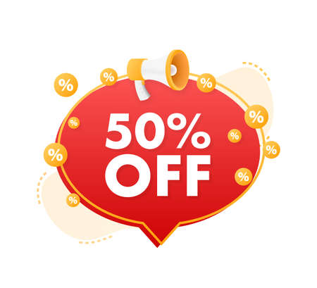 50 percent OFF Sale Discount Banner with megaphone. Discount offer price tag. 50 percent discount promotion flat icon. Vector illustration.のイラスト素材