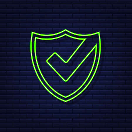 Checkmark. Green approved sticker. Neon style. Vector illustration.のイラスト素材