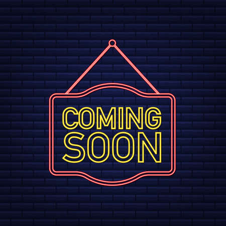 Coming soon neon hanging sign on dark background. Sign for door. Vector stock illustration.のイラスト素材