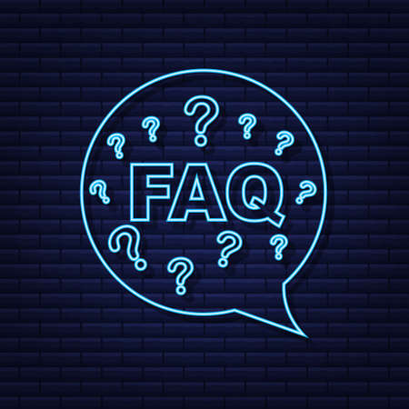 Frequently asked questions FAQ banner. Neon icon. Computer with question icons. Vector illustration.のイラスト素材