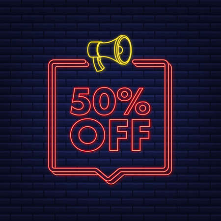 50 percent OFF Sale Discount neon banner with megaphone. Discount offer price tag. 50 percent discount promotion flat icon with long shadow. Vector illustration.のイラスト素材