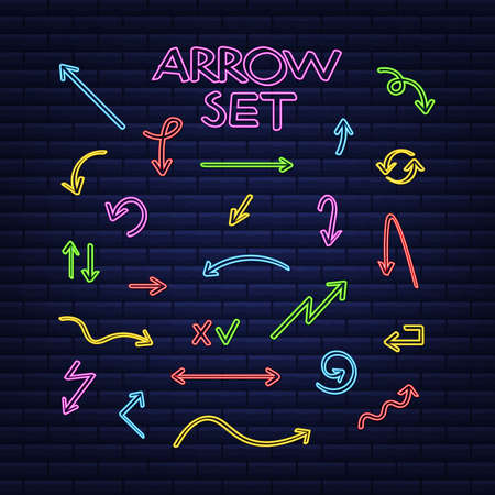 3d blue neon arrow set on dark backdrop. Vector white light. Graphic color background. Vector illustration.のイラスト素材