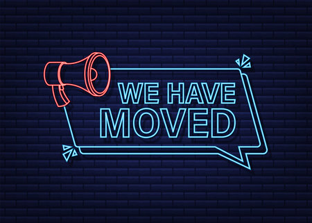 We are moving neon icon badge. Ready for use in web or print design. Neon icon. Vector stock illustration.のイラスト素材
