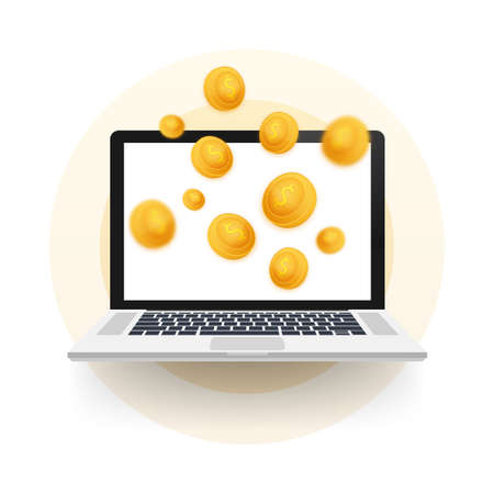 Golden coin jackpot win on gold background. Vector icon. Golden background. Casino on laptop jackpot.のイラスト素材