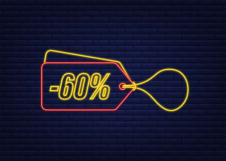 60 percent OFF Sale Discount neon tag. Discount offer price tag. 60 percent discount promotion flat icon with long shadow. Vector illustration.のイラスト素材