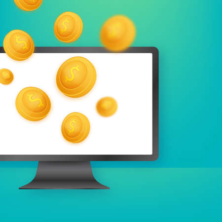 Golden coin jackpot win on gold background. Vector icon. Golden background. Casino on monitor jackpot.のイラスト素材