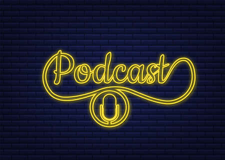 Podcast neon sign. The microphone icon. Broadcast podcast. Vector stock illustration.のイラスト素材