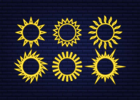 Sun icon doodles isolated on blue background. Summes season. Sun neon set.のイラスト素材