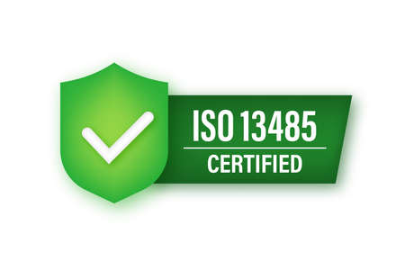ISO 13485 Certified badge neon icon. Certification stamp. Vector stock illustration.のイラスト素材