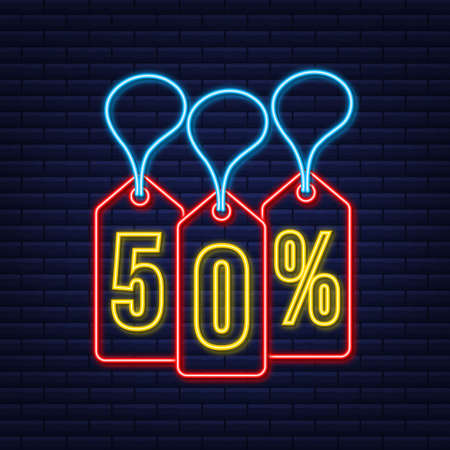 50 percent OFF Sale Discount neon tag. Discount offer price tag. 50 percent discount promotion flat icon with long shadow.のイラスト素材