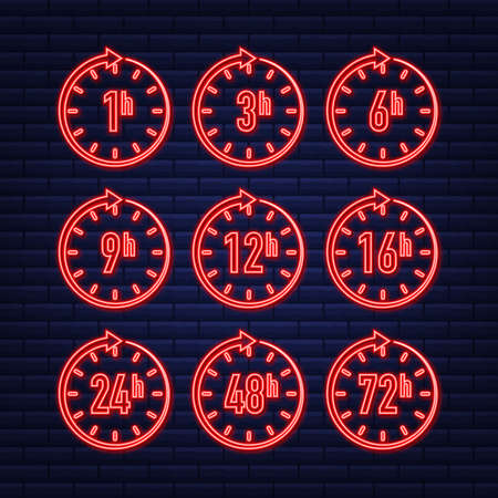 12, 24, 48, 72 hours neon clock arrow. Work time effect or delivery service time. Vector stock illustrationのイラスト素材