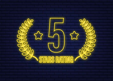 5 star rating. Badge with neon icon. Customer review ratingのイラスト素材