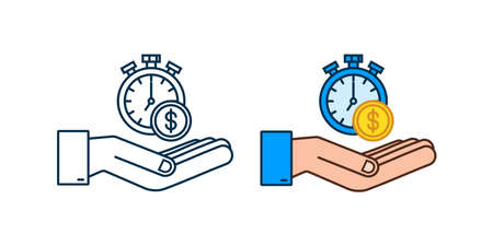 Time is money concept, clock and coin in hands, long term financial investment. Vector illustration.のイラスト素材
