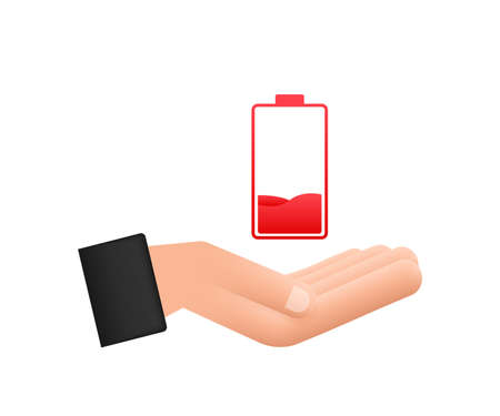 Discharged battery with hands. Set of battery charge level indicators. Vector illustration.のイラスト素材