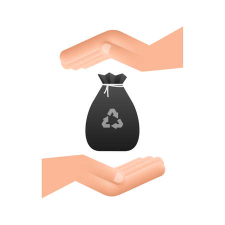 Garbage bag in hands icon. Trash bag. Vector stock illustration.のイラスト素材