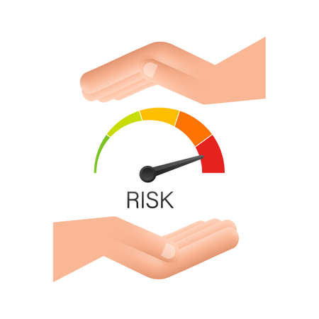 Risk icon on speedometer in hands. High risk meter. Vector stock illustration.のイラスト素材