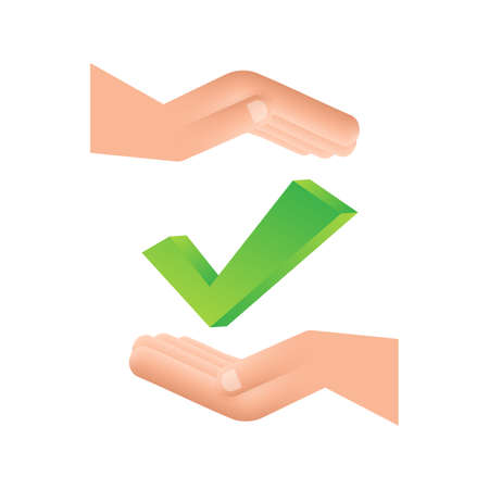 Check mark hanging over hands. Green approved star sticker on white background. Vector stock illustration.のイラスト素材