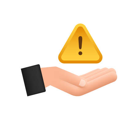 Banner with yellow scam alert over hands. Attention sign. Cyber security icon. Caution warning sign sticker. Flat warning symbol. Vector stock illustration.のイラスト素材