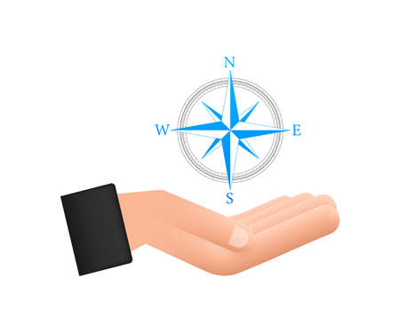 Compass icon over hands on white background. Flat vector navigation symbol. Vector stock illustration.のイラスト素材