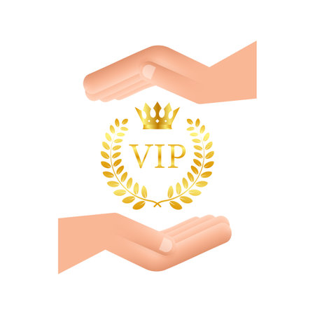 Golden symbol of exclusivity, the label VIP with glitter in hands. Very important person - VIP icon on dark background Sign of exclusivity with bright.のイラスト素材
