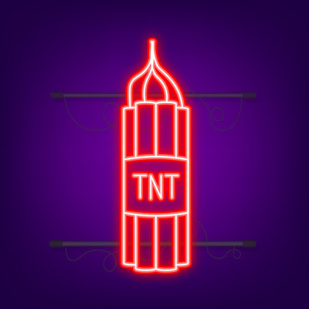 Red dynamite pack with electric time bomb, TNT. Neon icon. Vector illustrationのイラスト素材