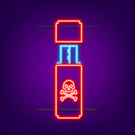 Computer virus on usb flash card. Virus protection. Neon icon. Vector stock illustrationのイラスト素材