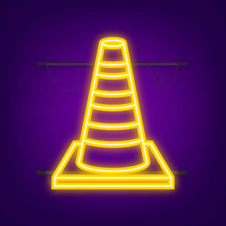 Orange highway traffic cone with white stripes. Neon style. Vector illustrationのイラスト素材