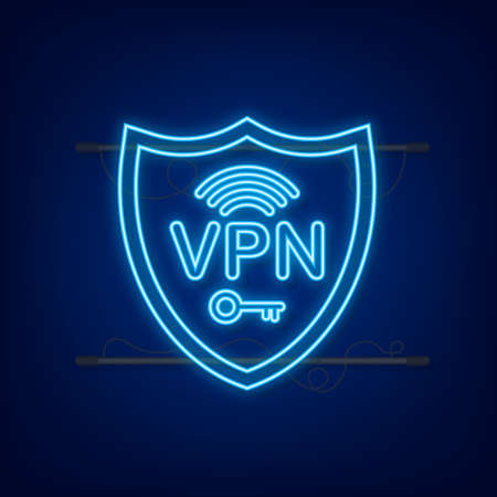 Secure VPN connection concept. Virtual private network connectivity overview. Neon style. Vector stock illustrationのイラスト素材
