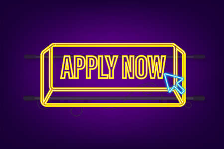 Apply now. Web neon banner. Arrow, cursor icon. Arrow vector icon. Hand click. Vector stock illustrationのイラスト素材