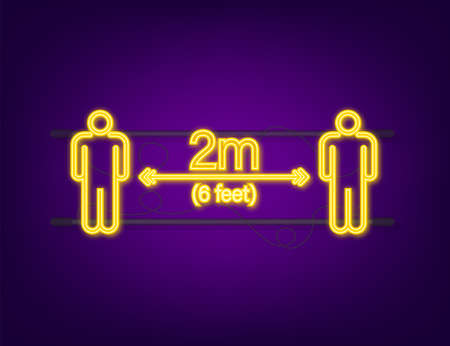 Social distance signage neon icon. Please wait here. Keep safe distance.