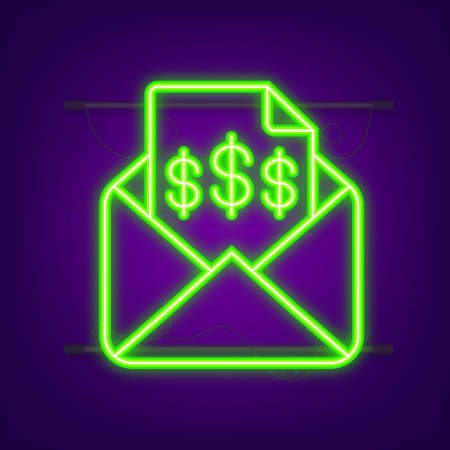 Invoice icon , email message received with bill document, flat style open envelope with invoice paper blank. Neon icon. Vector illustrationのイラスト素材