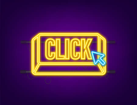 Click button with hand pointer clicking. Neon icon. Vector stock illustrationのイラスト素材