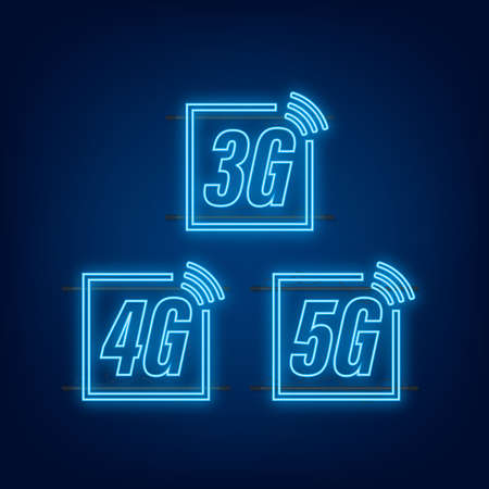 5G, 4G, 3G neon symbol set isolated on background, mobile communication technology and smartphone network. Vector stock illustrationのイラスト素材