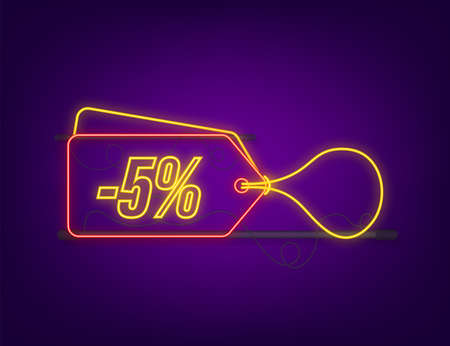 5 percent OFF Sale Discount neon tag. Discount offer price tag. 10 percent discount promotion flat icon with long shadow. Vector illustrationのイラスト素材