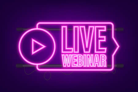 Live webinar for concept design. Digital neon banner. Virtual concept. Video play button symbol. Vector stock illustrationのイラスト素材