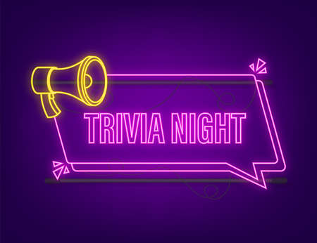 Man Holding Megaphone with trivia night. Megaphone banner. Web design. Neon style. Vector stock illustrationのイラスト素材