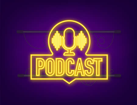Podcast neon icon. Badge, icon, stamp, logo. Neon icon. Vector stock illustrationのイラスト素材