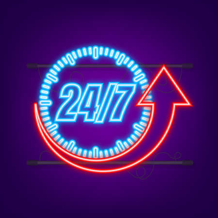 24-7 service concept. 24-7 open. Neon icon. Support service icon. Vector stock illustrationのイラスト素材